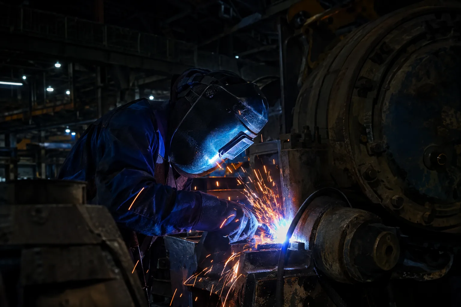 Welder performing an emergency repair on heavy factory machinery at night