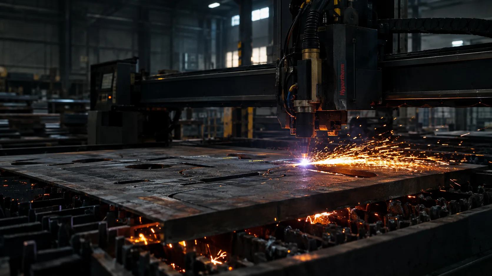 CNC plasma cutting machine cutting thick steel plate with orange sparks
