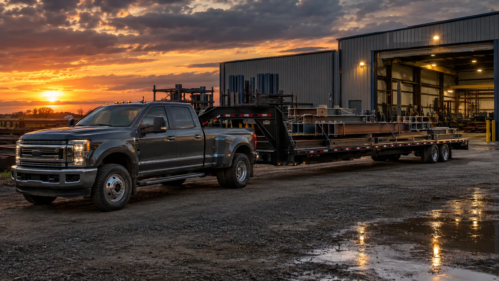 Hotshot pickup truck with a flatbed trailer loaded with steel parts outside the fabrication shop at dusk